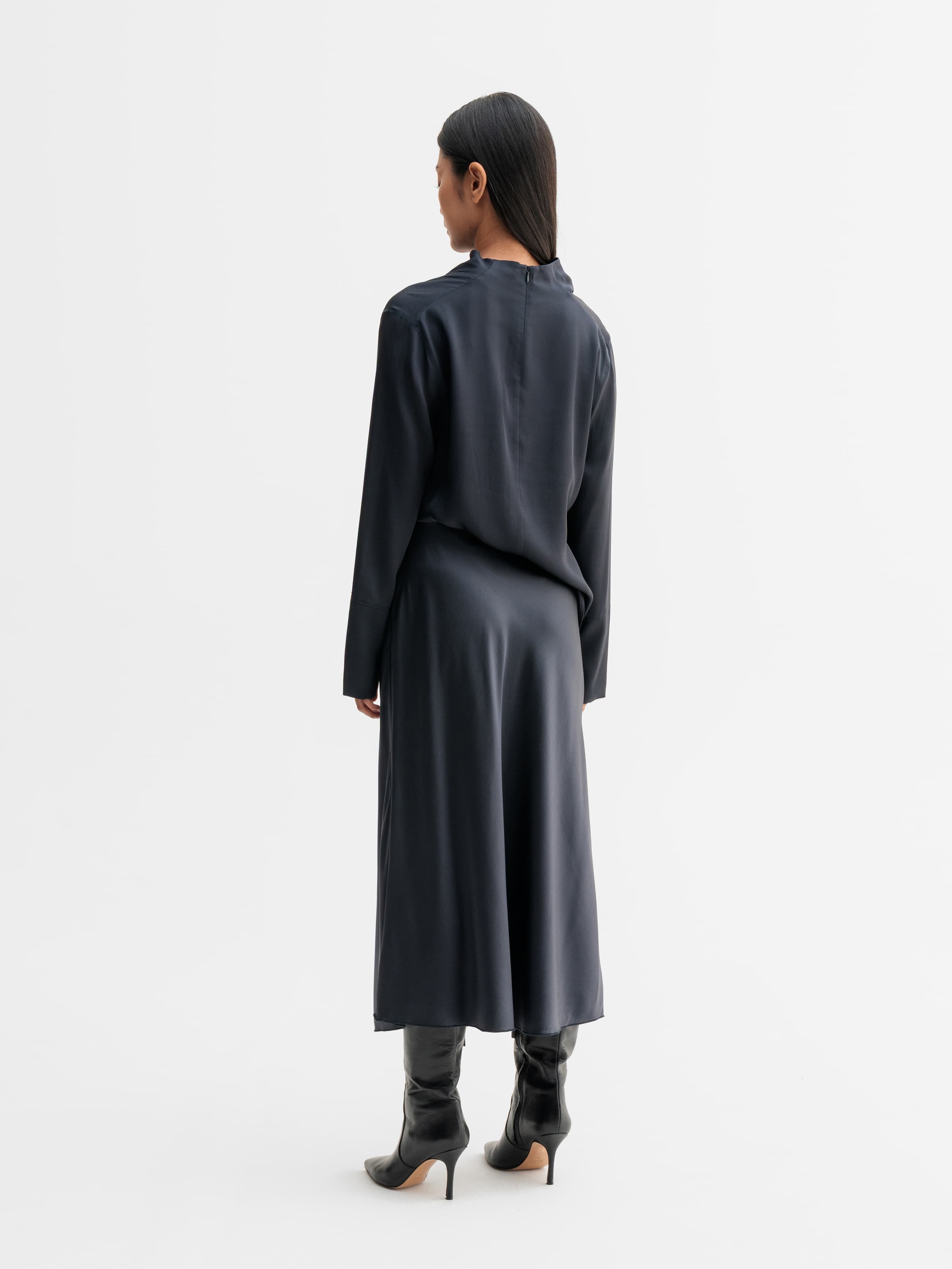 Back view of Ahlvar Gallery Hana satin silk skirt in Blue grey