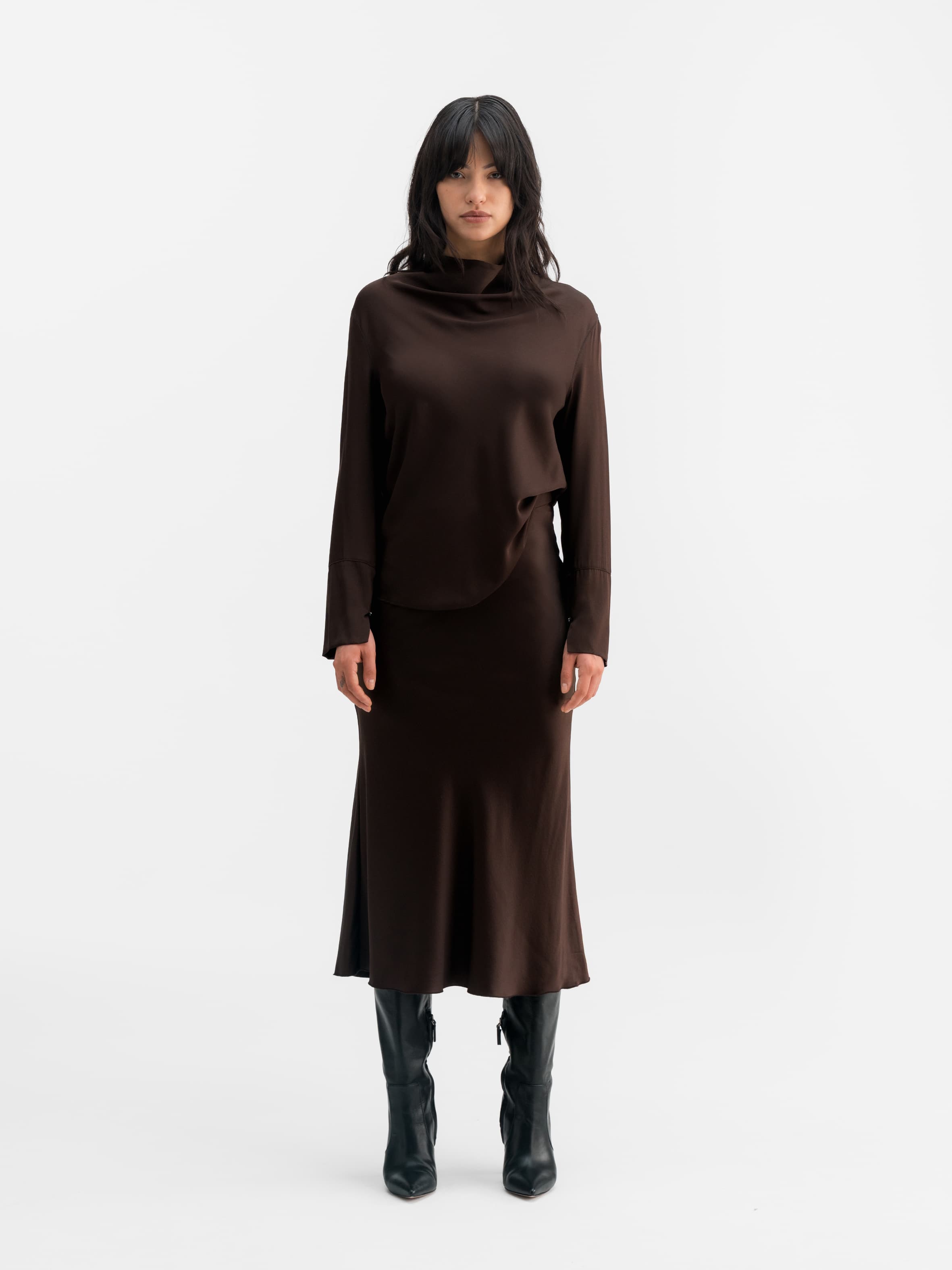 Hana satin silk skirt dark brown