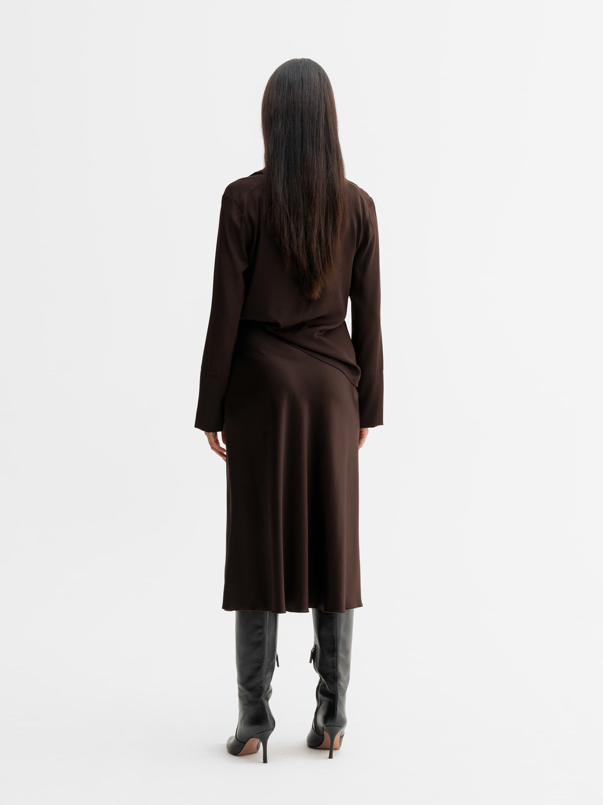 Back view of Ahlvar Gallery Hana satin silk skirt in Dark brown