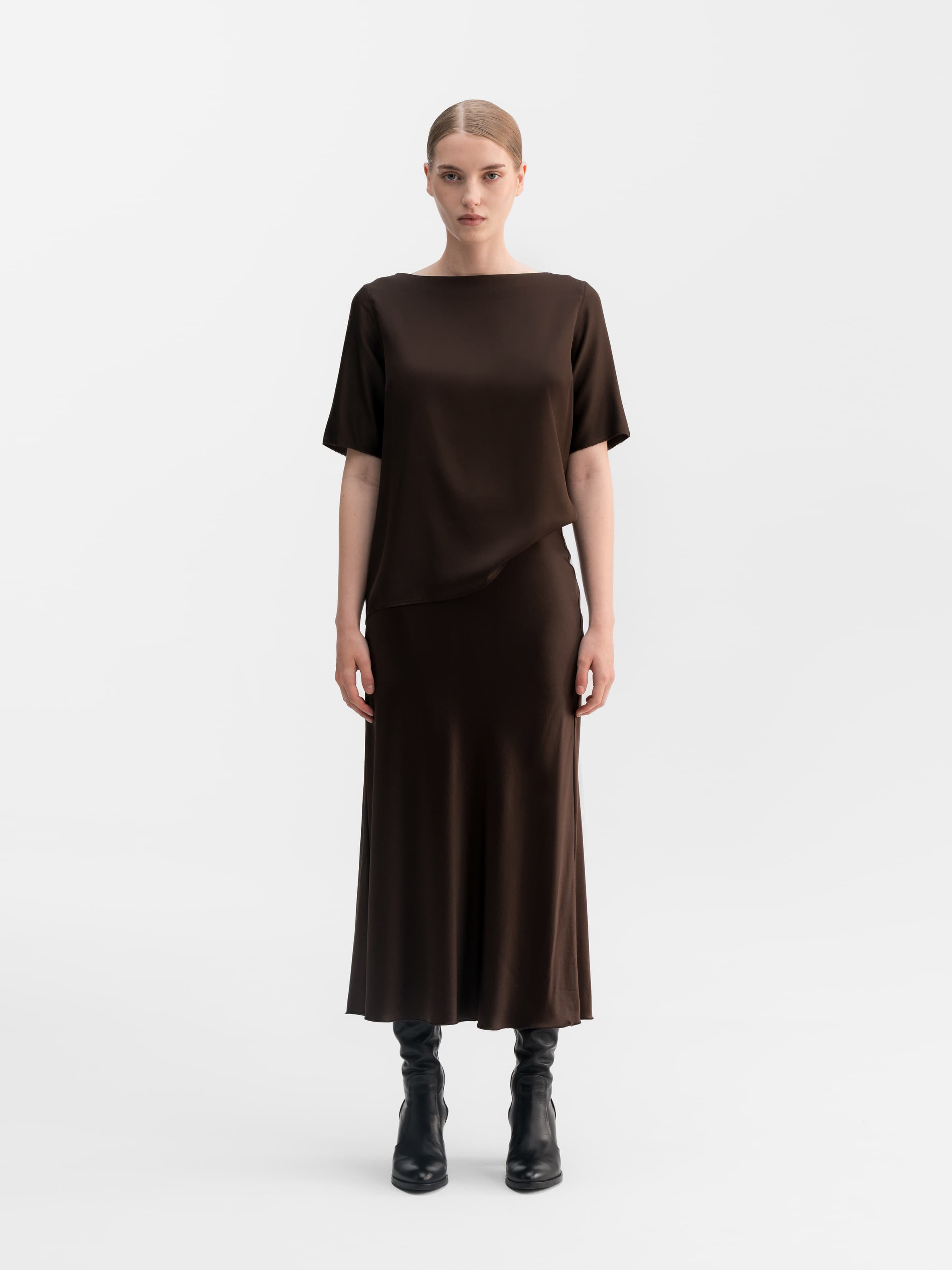 Hana satin silk skirt dark brown
