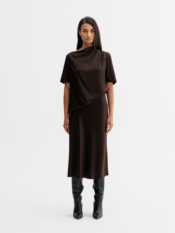 Hana satin silk skirt dark brown