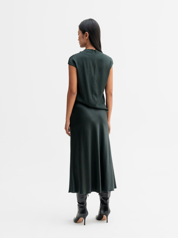 Back view of Ahlvar Gallery Hana satin silk skirt in Deep forest