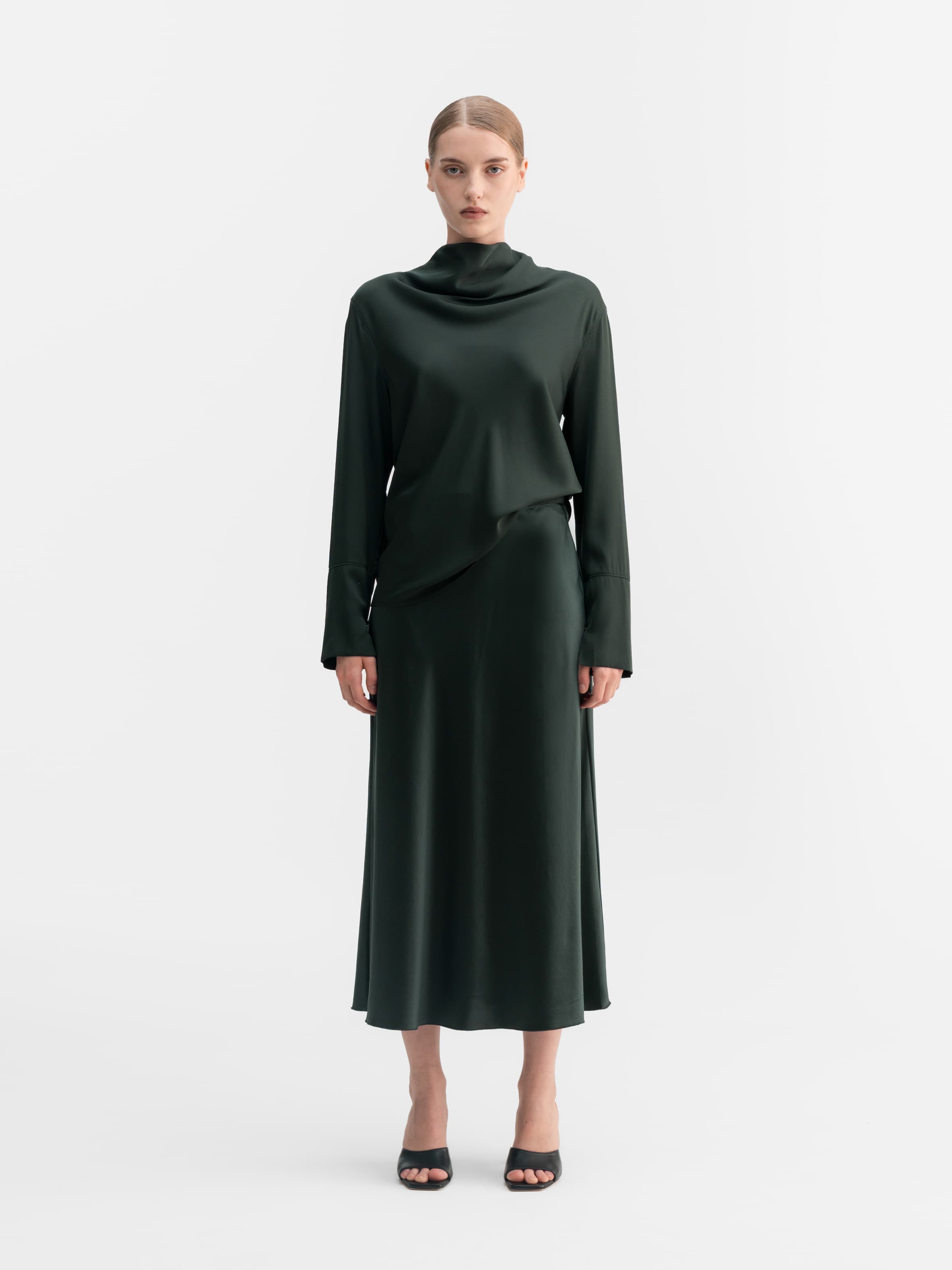 Hana satin silk skirt deep forest