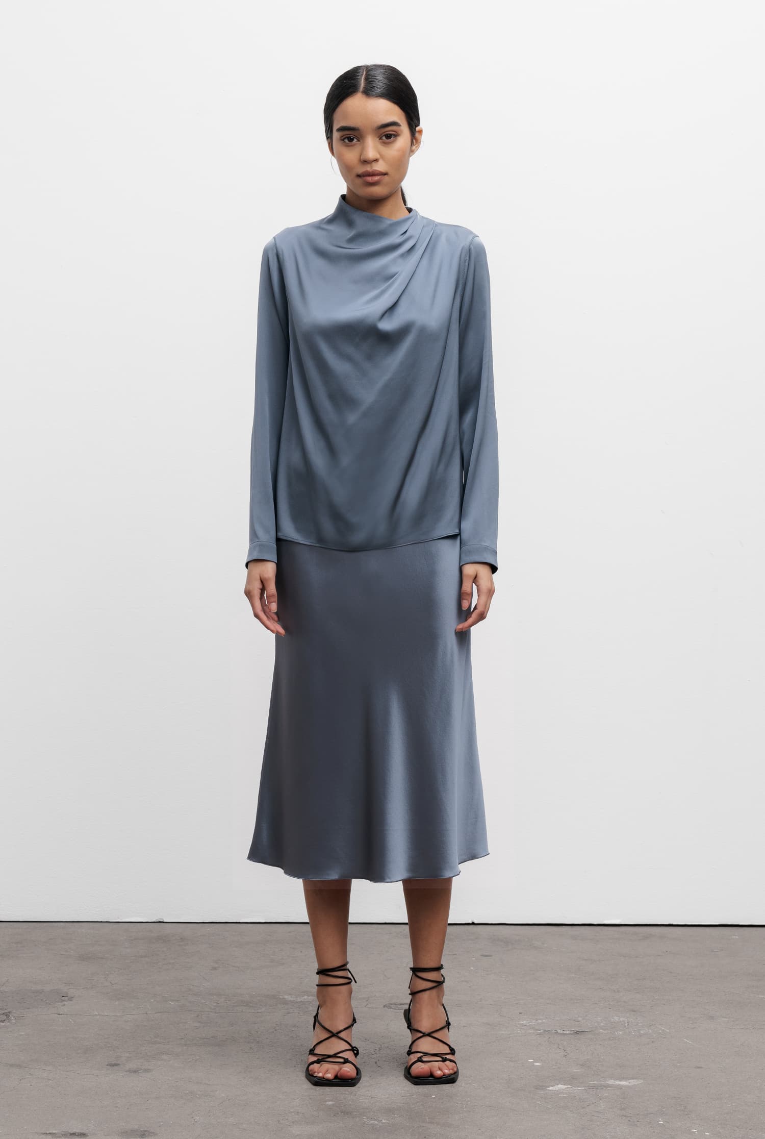 Hana satin silk skirt steel blue
