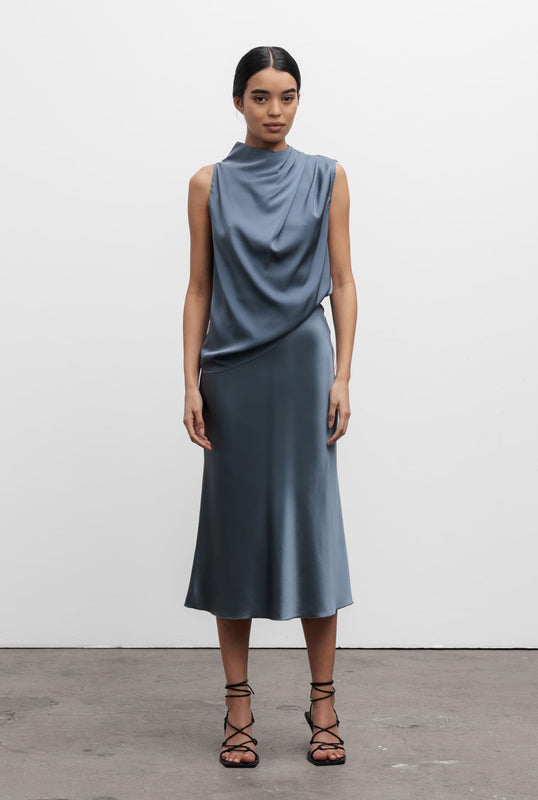 Hana satin silk skirt steel blue