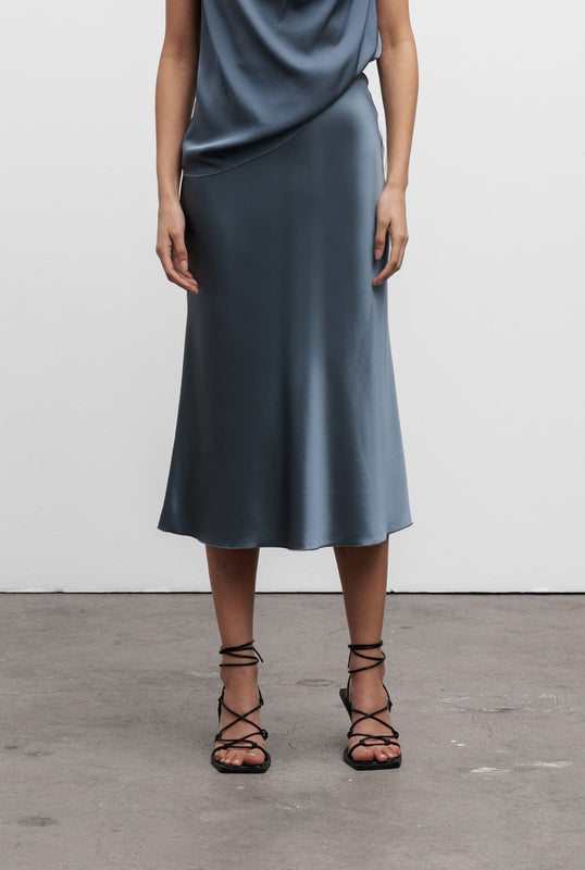 Hana satin silk skirt steel blue