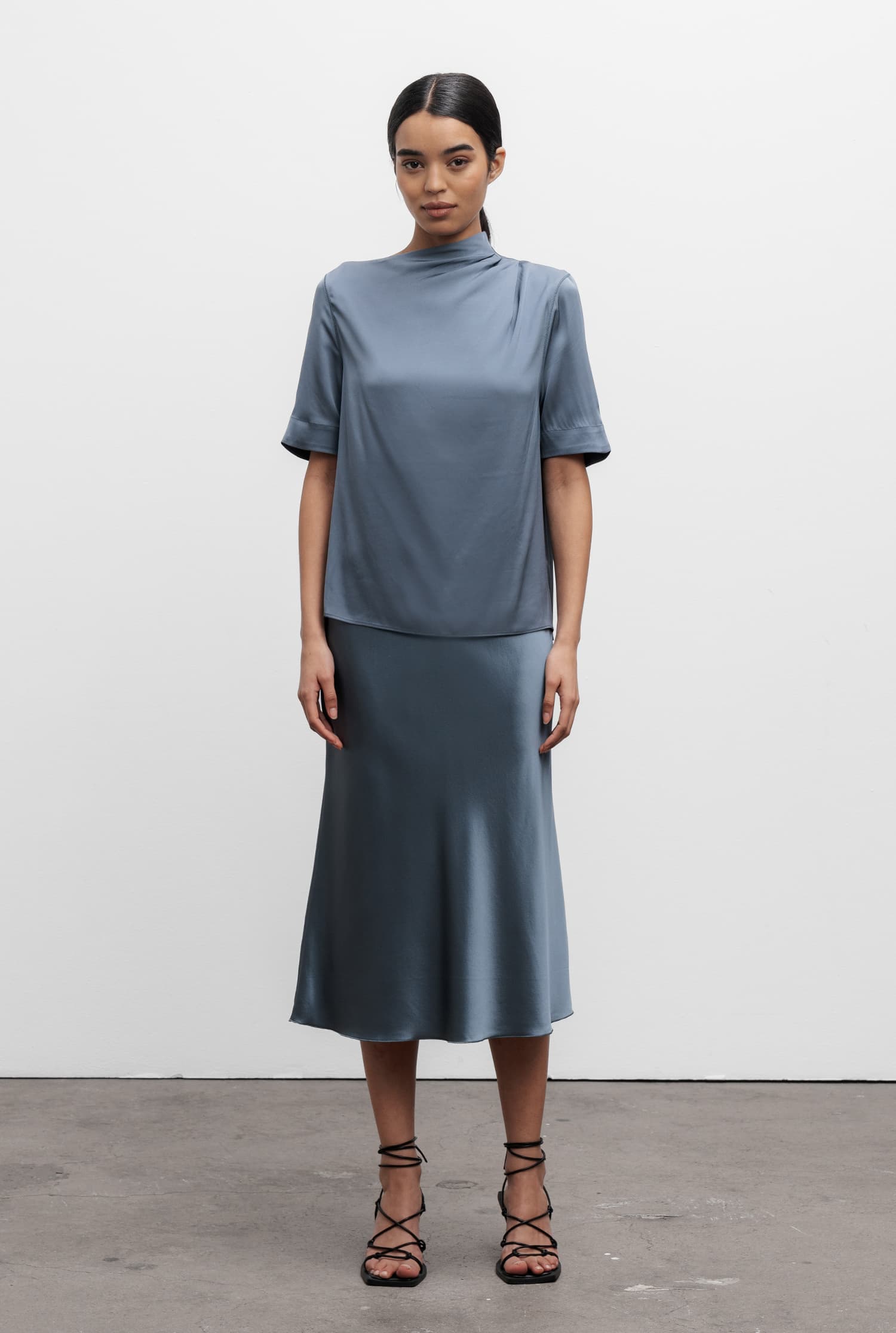 Hana satin silk skirt steel blue