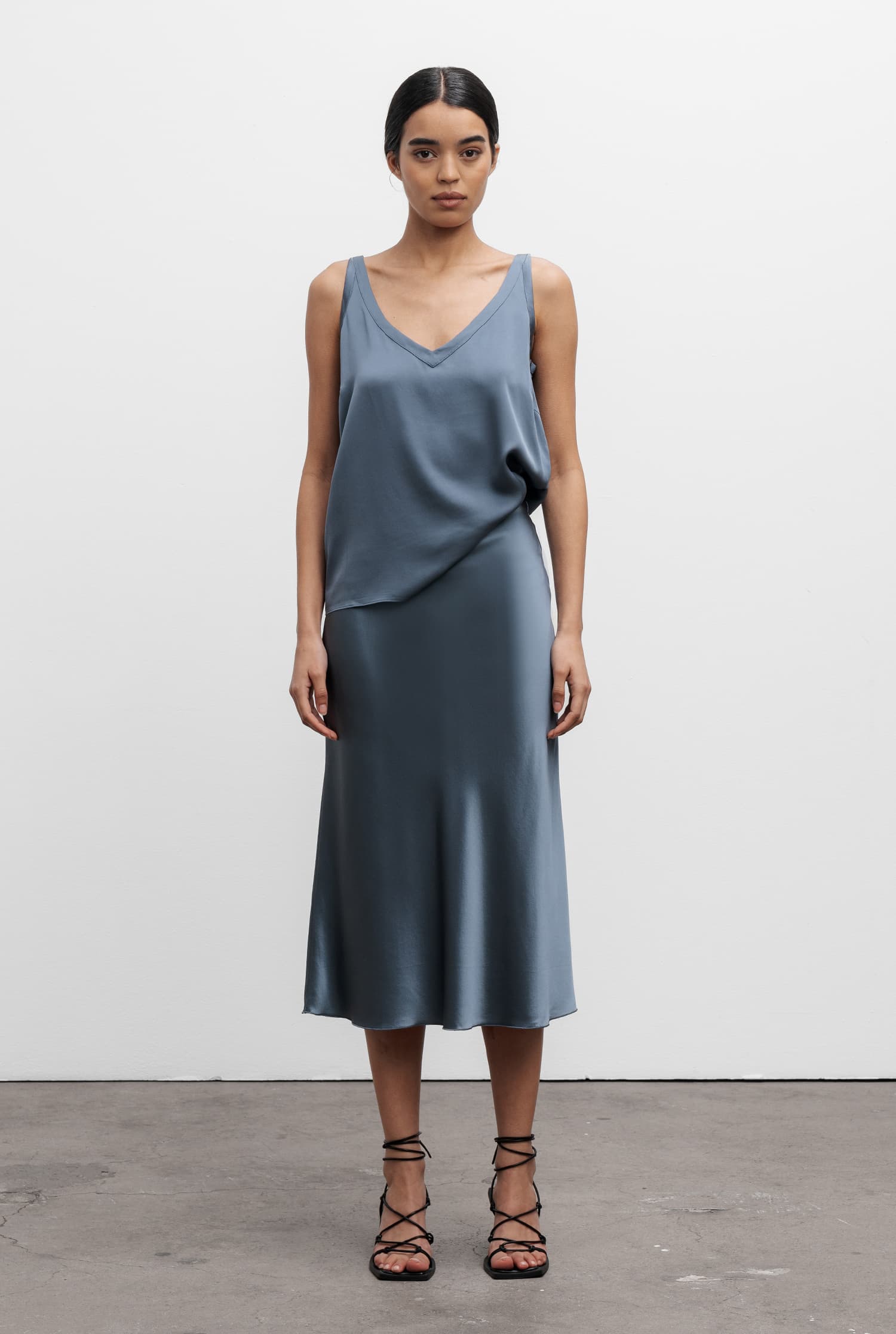 Hana satin silk skirt steel blue