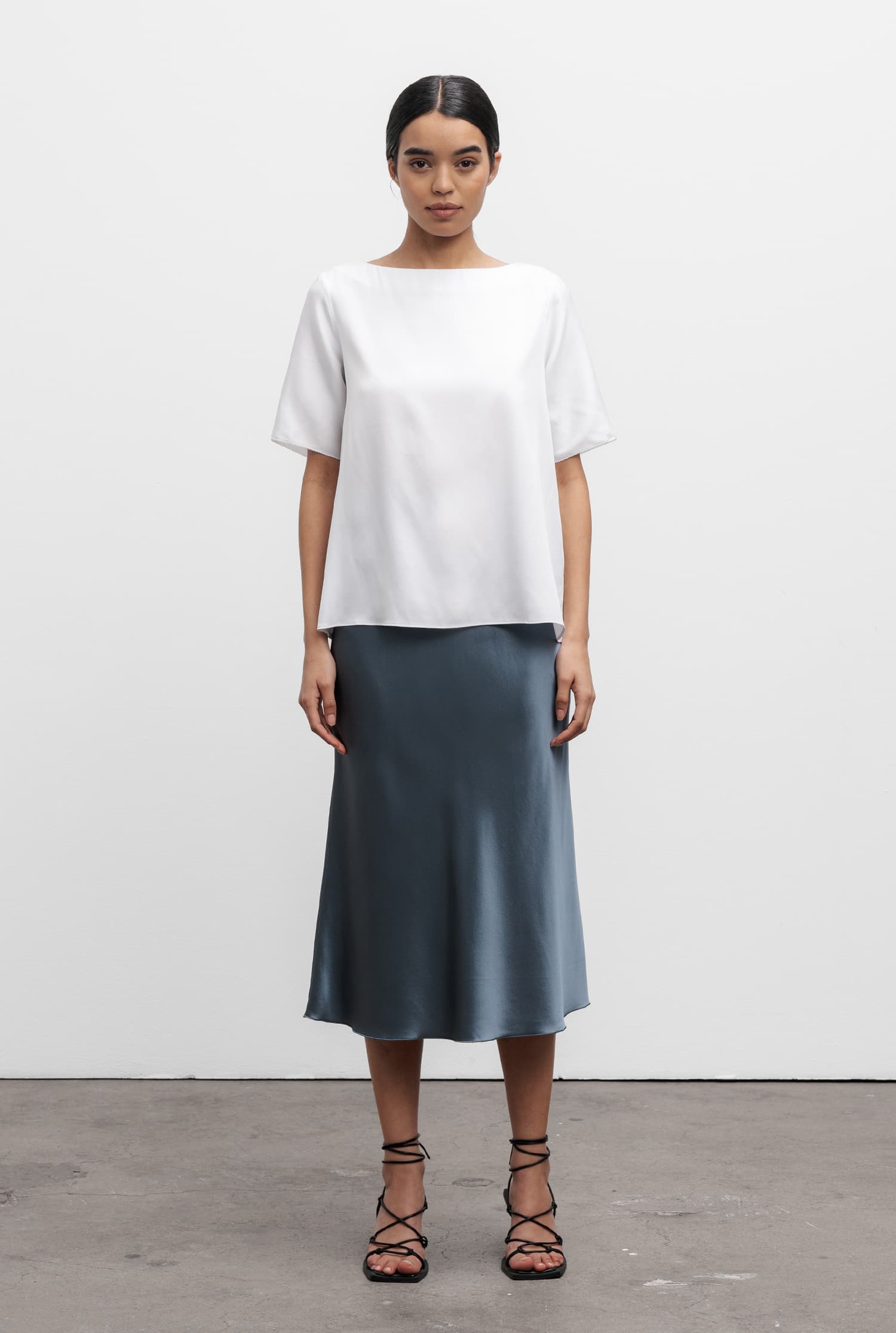 Hana satin silk skirt steel blue