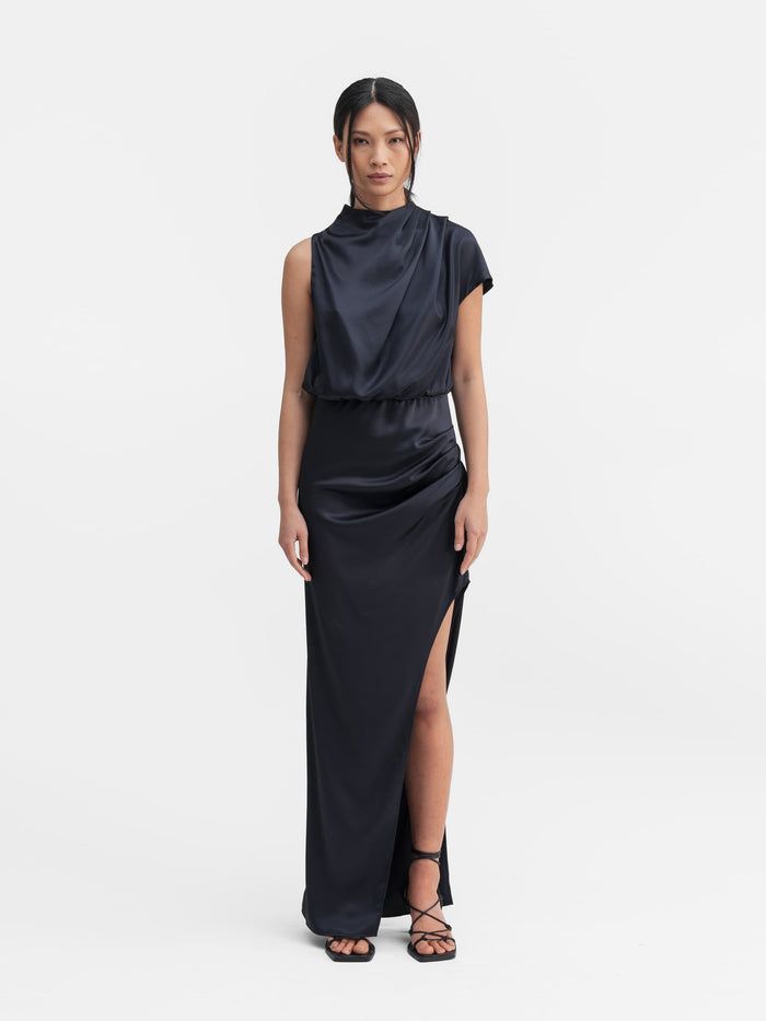 ahlvar Iris satin dress blue grey