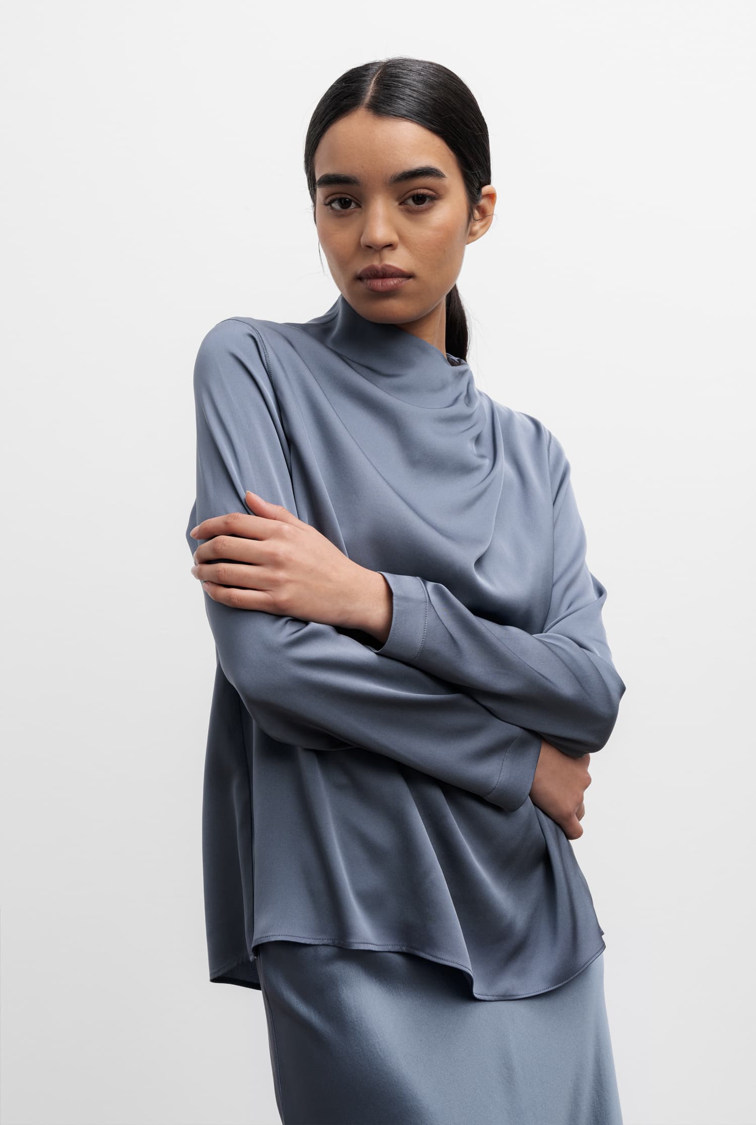 Jade silk blouse steel blue