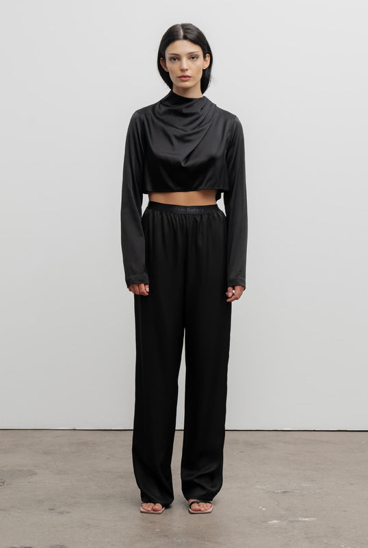 Jade cropped satin silk blouse black