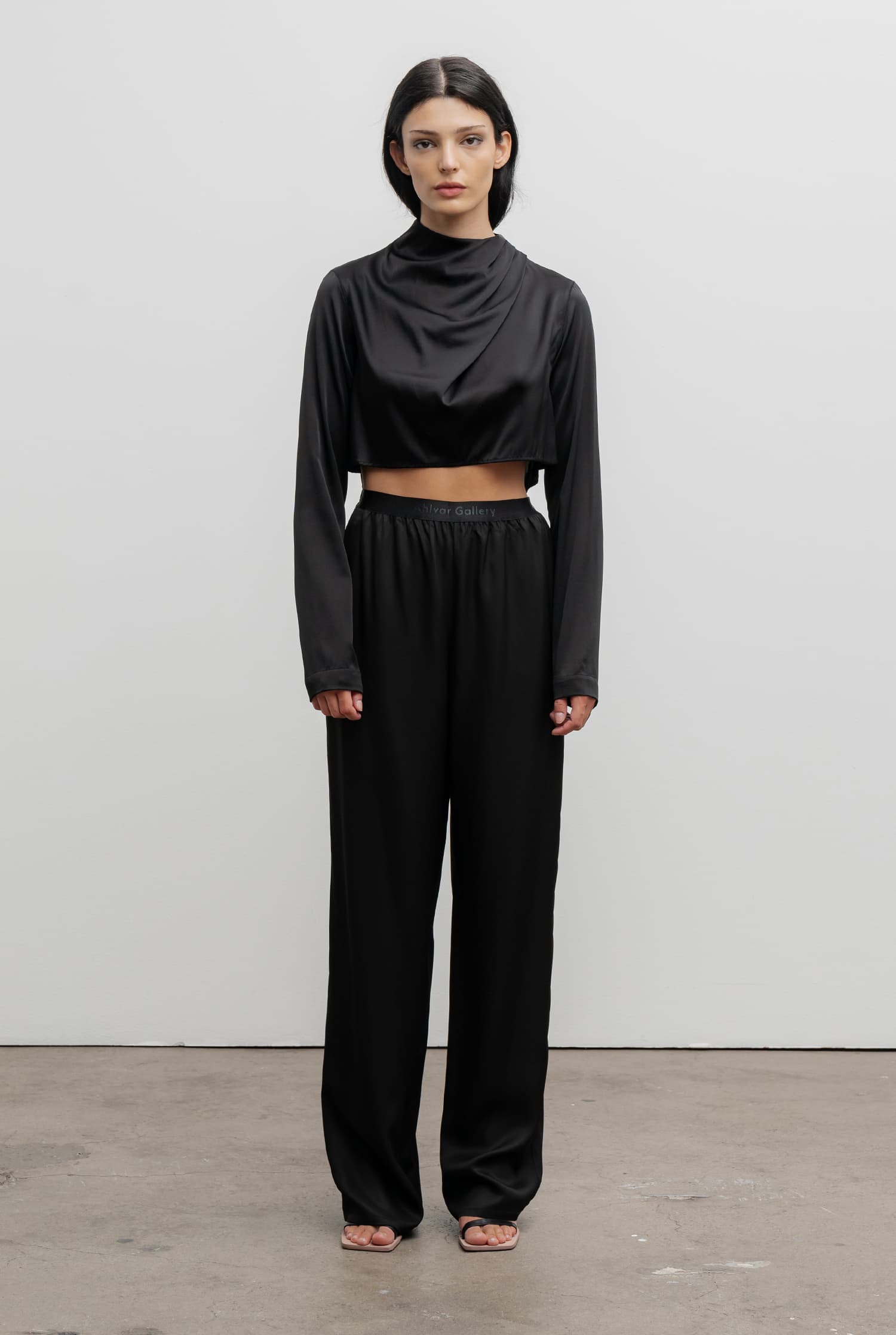 Jade cropped satin silk blouse black