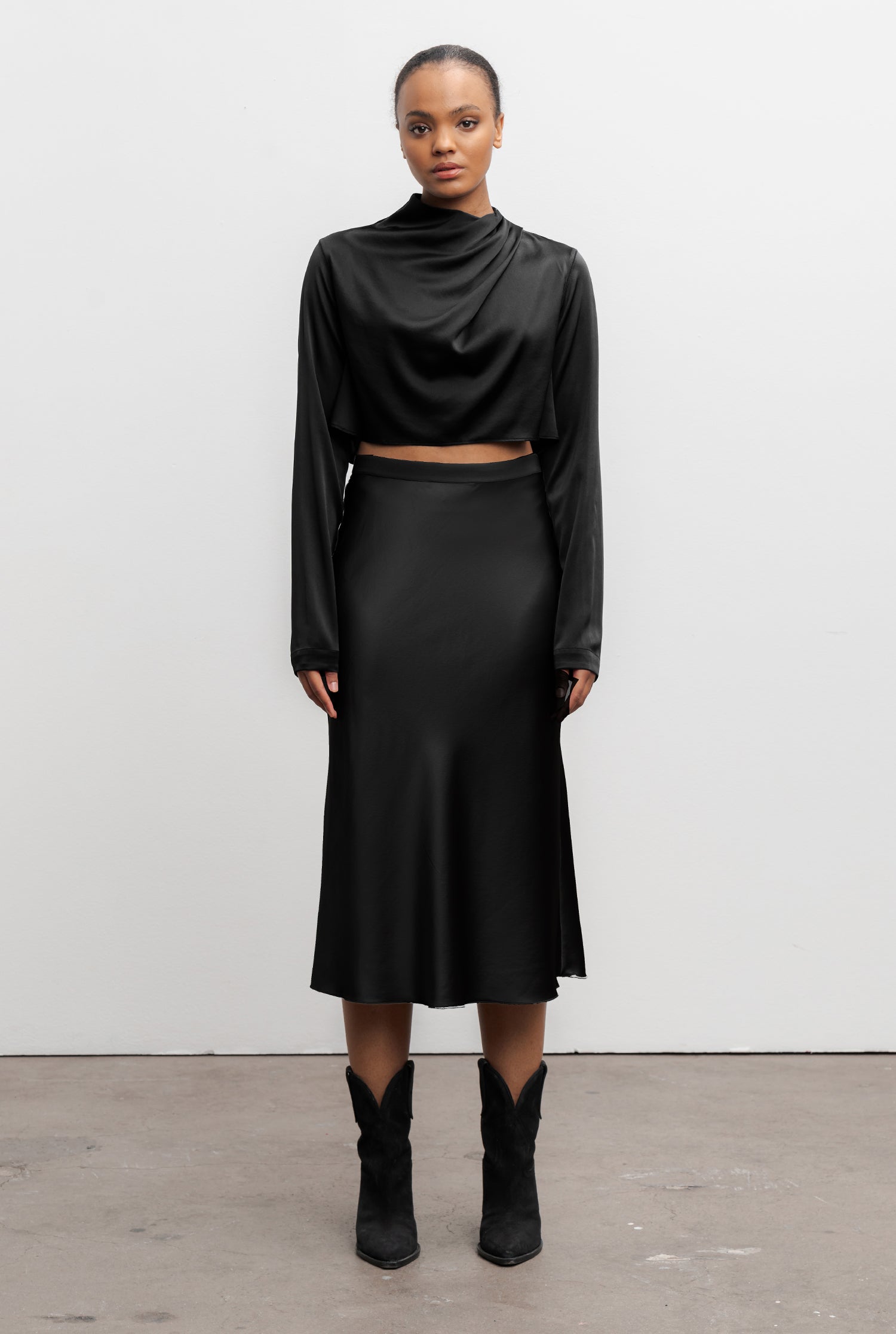 Jade cropped satin silk blouse black