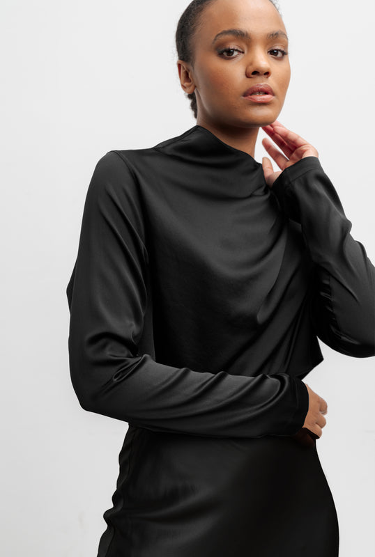 Jade cropped satin silk blouse black