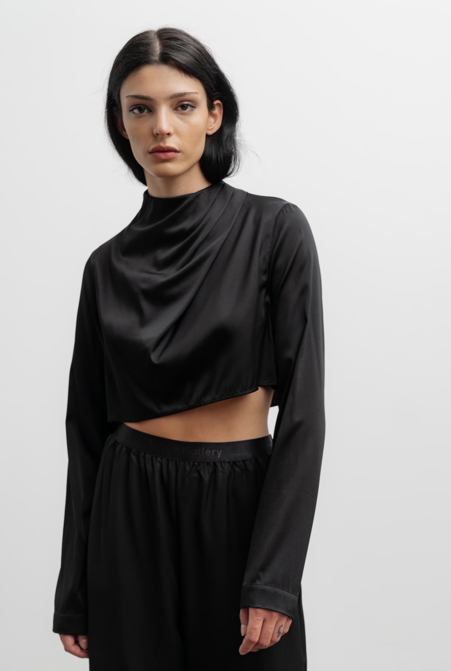 Jade cropped satin silk blouse black