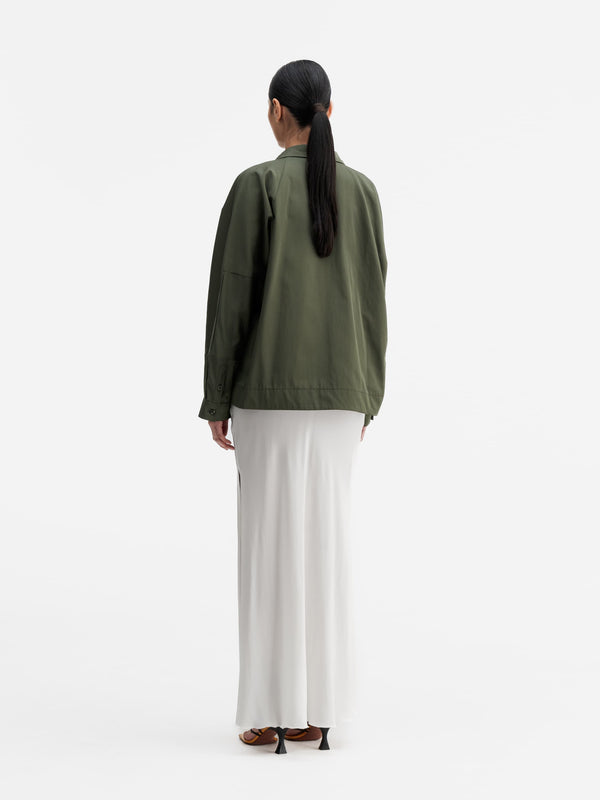 Back view of Ahlvar Gallery Kaia over shirt olive green