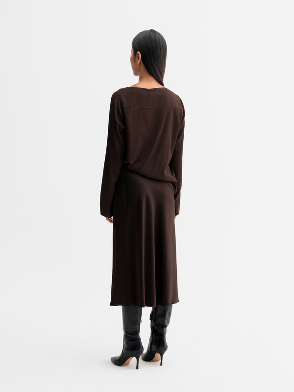 Back view of Ahlvar Gallery Kelly silk blouse in Dark brown
