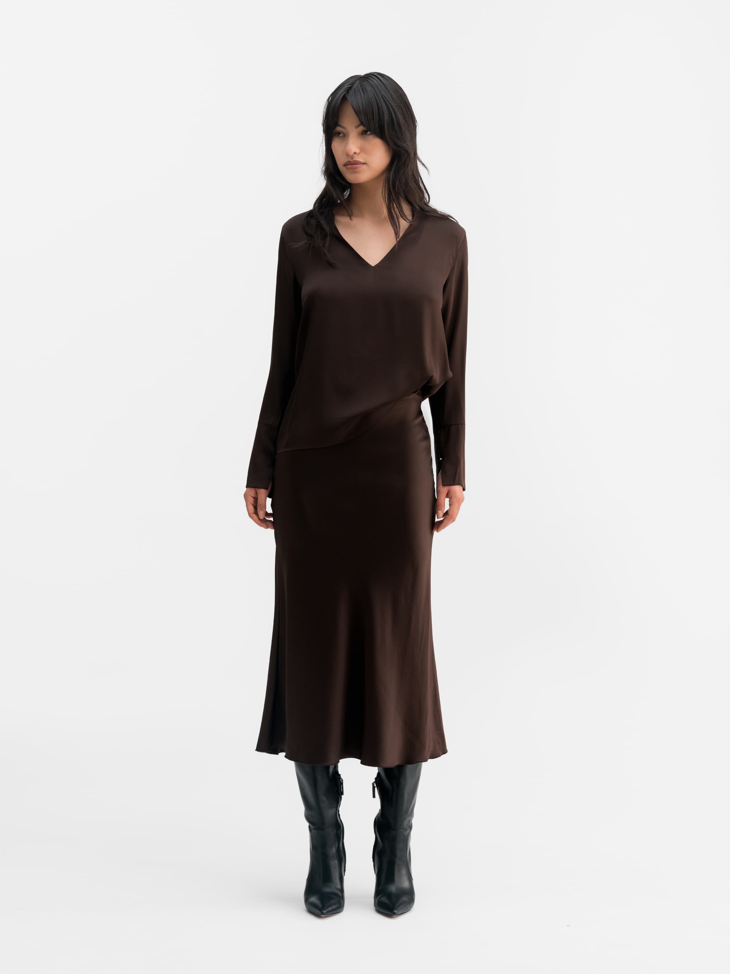 Kelly v-neck silk blouse dark brown