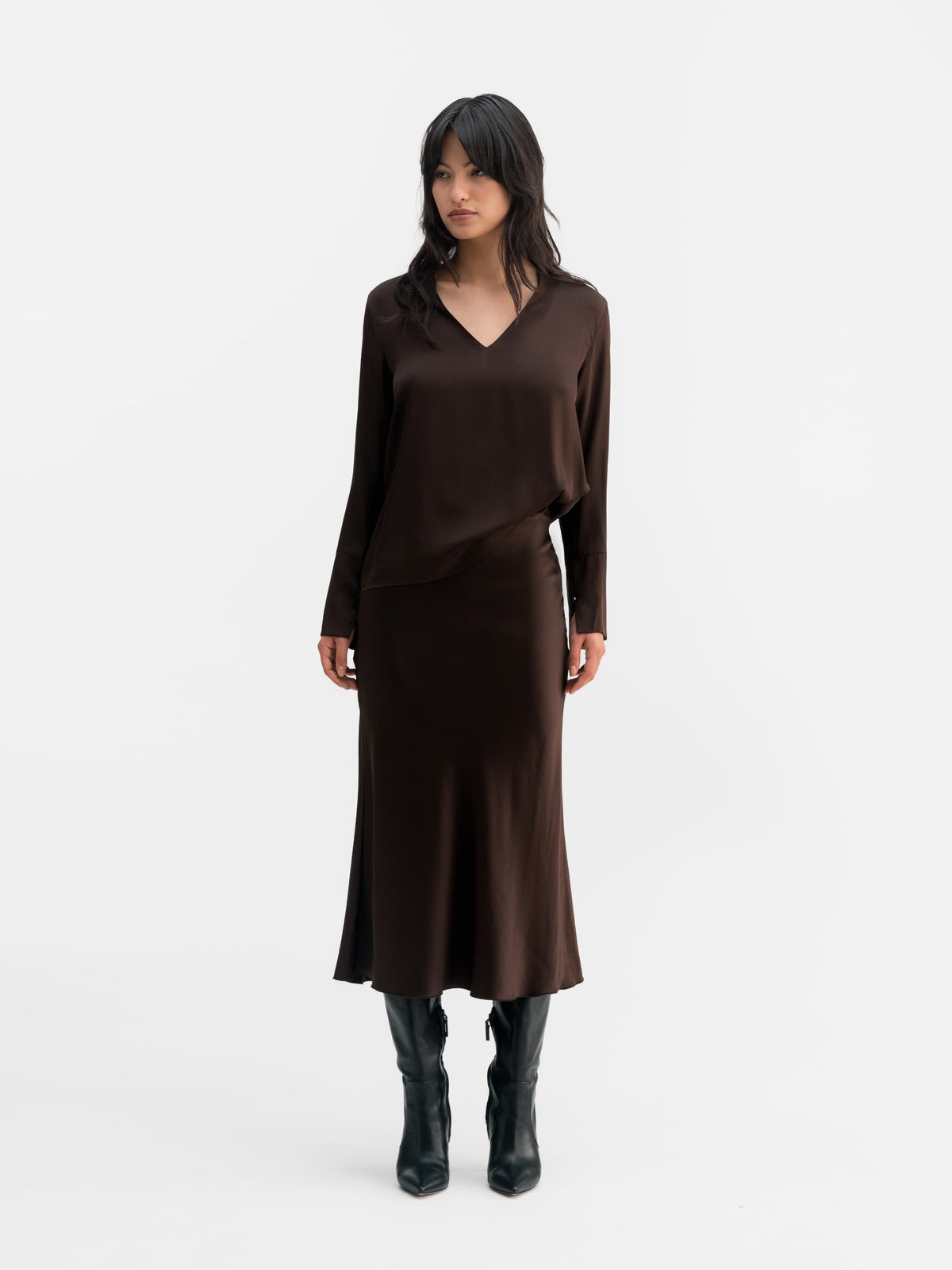Kelly v-neck silk blouse dark brown