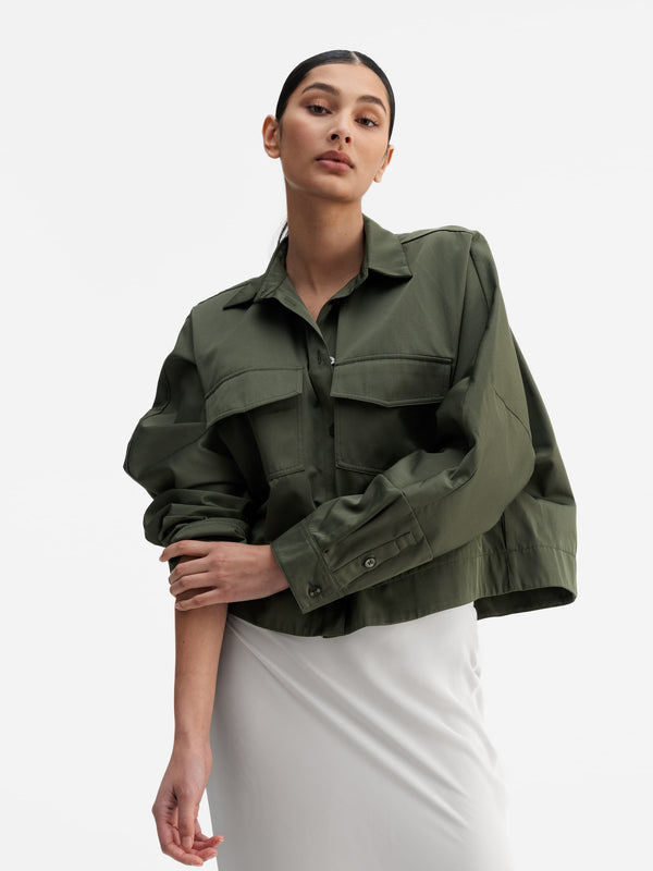 Model wearing Ahlvar Gallery Kori over shirt olive green