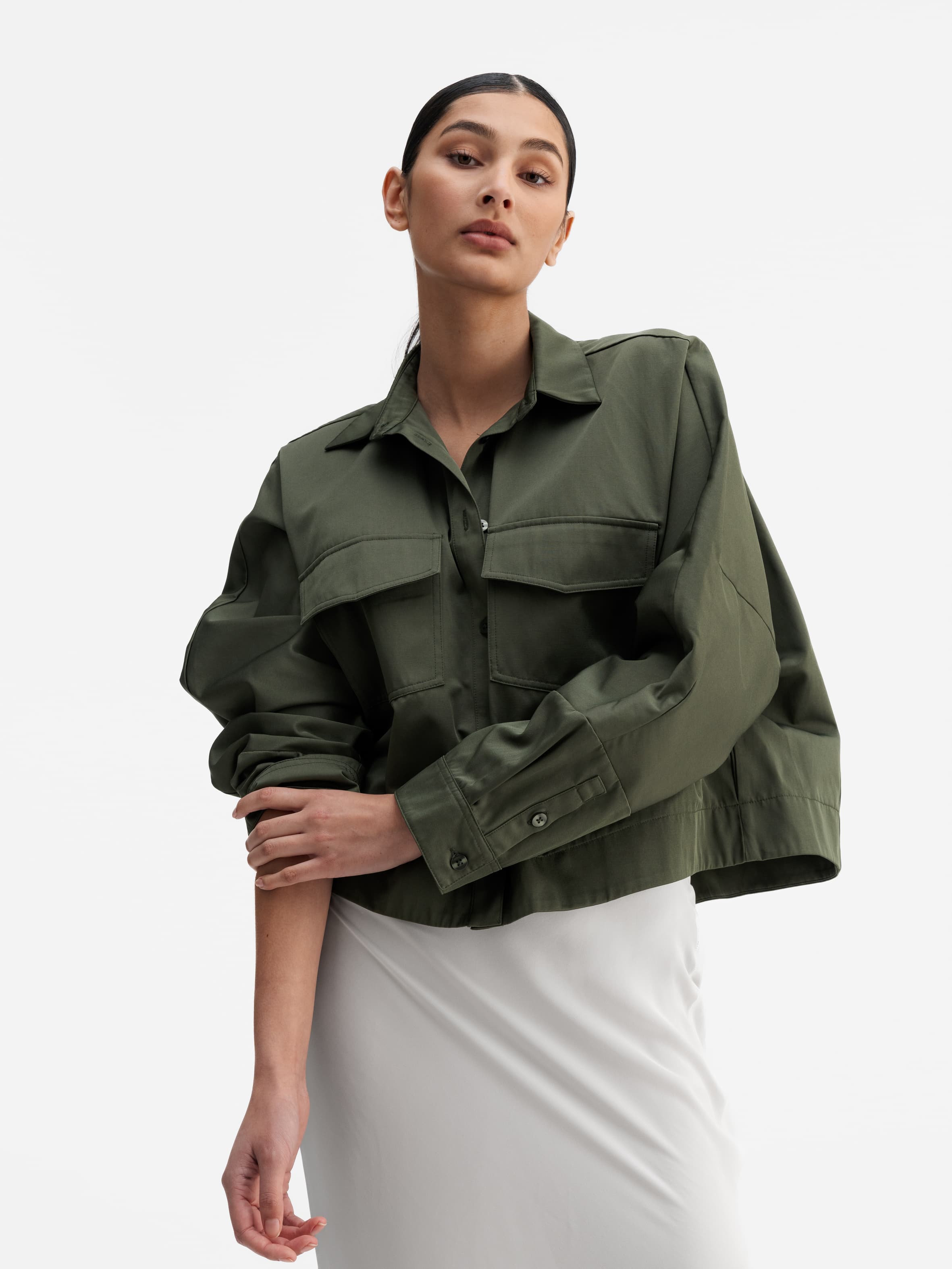 Model wearing Ahlvar Gallery Kori over shirt olive green