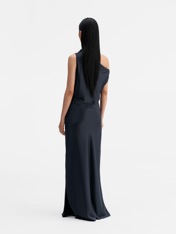Back view of Ahlvar Gallery Lacy satin dress blue grey