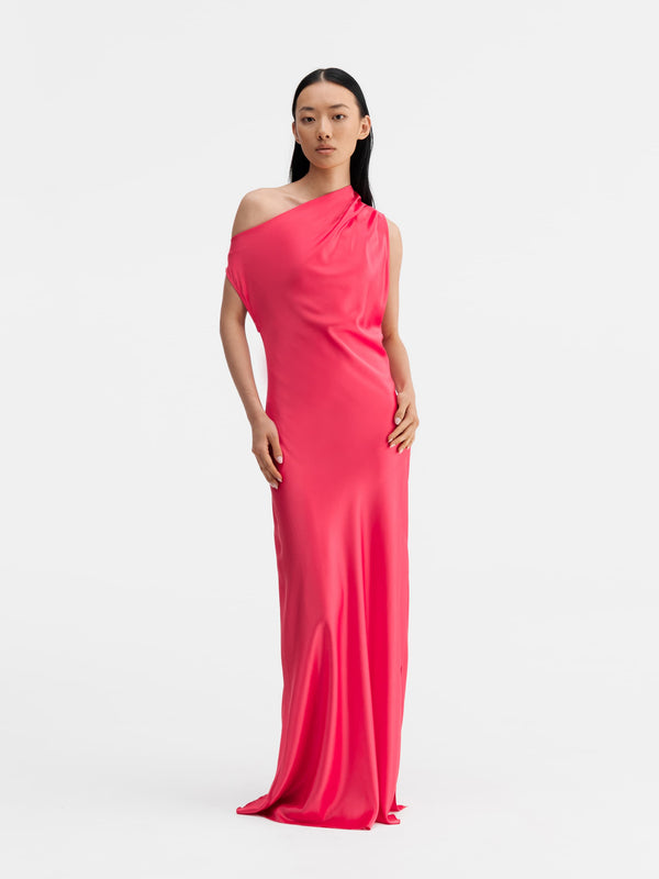 Model wearing Ahlvar Gallery Lacy satin dress bubblegum