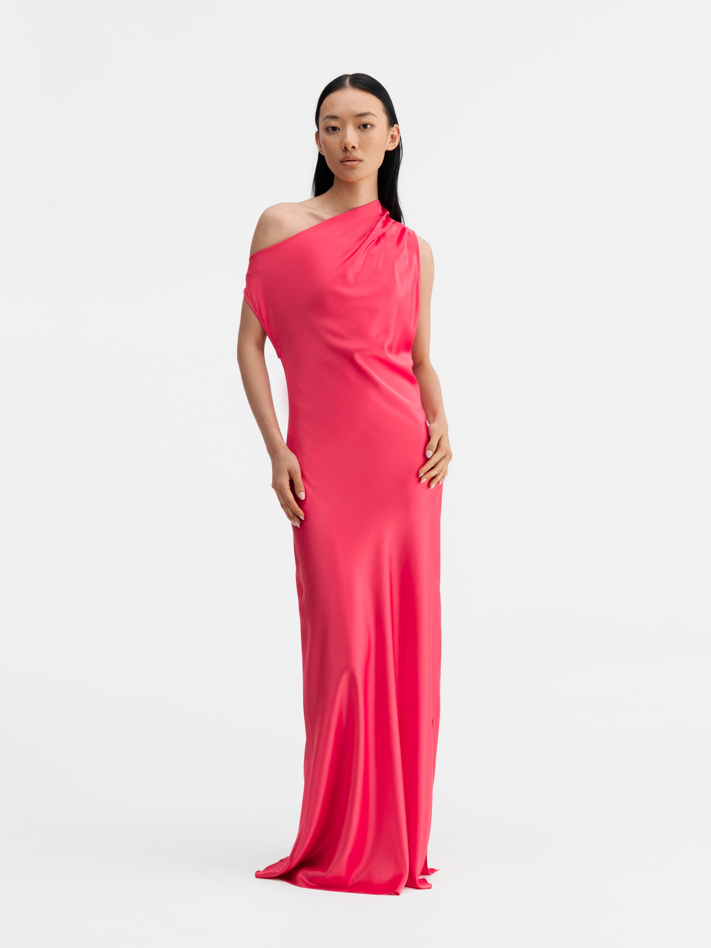 Model wearing Ahlvar Gallery Lacy satin dress bubblegum
