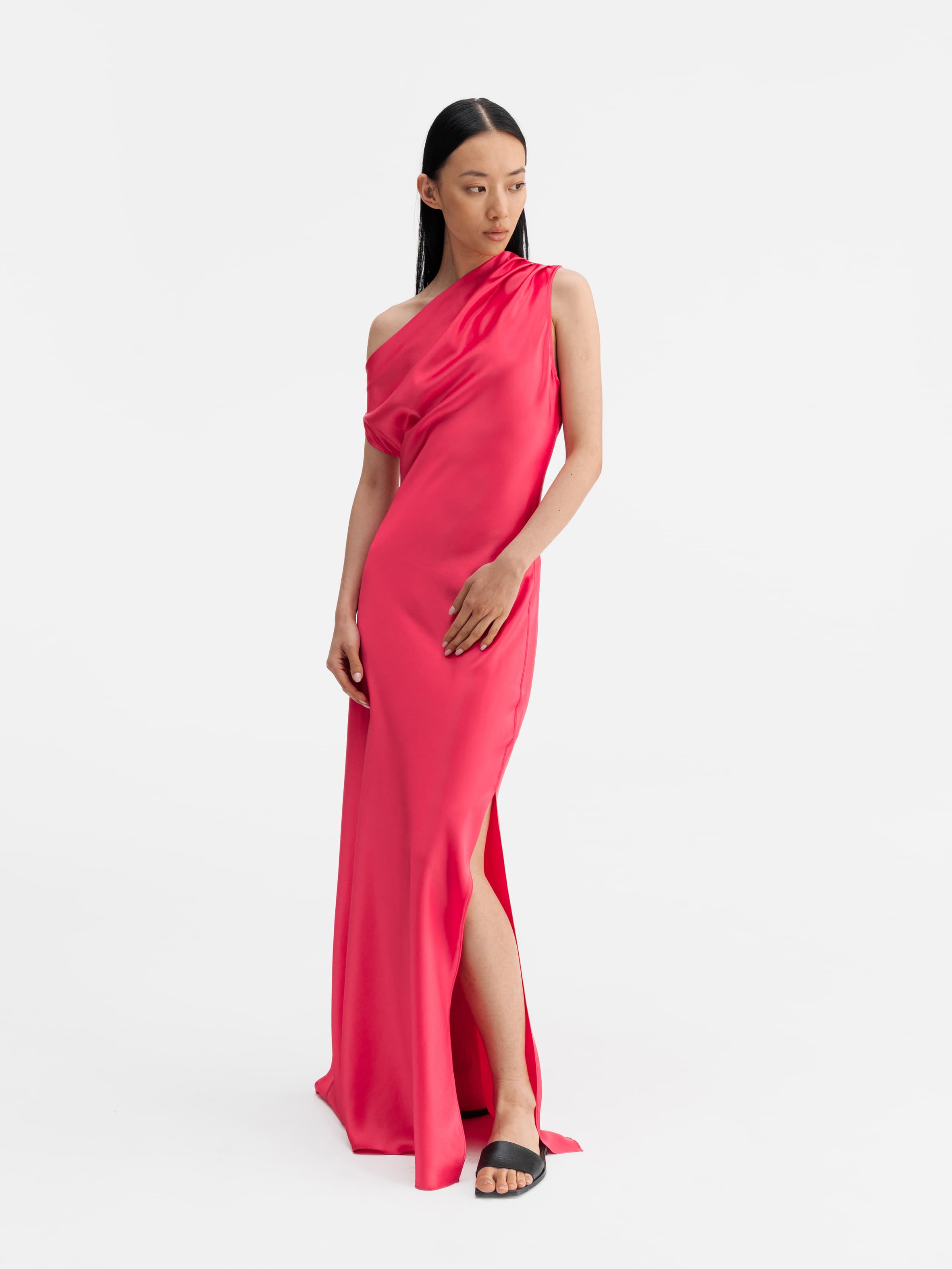 Model wearing Ahlvar Gallery Lacy satin dress bubblegum