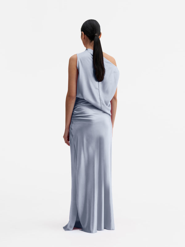 Back view of Ahlvar Gallery Lacy satin tank denim blue