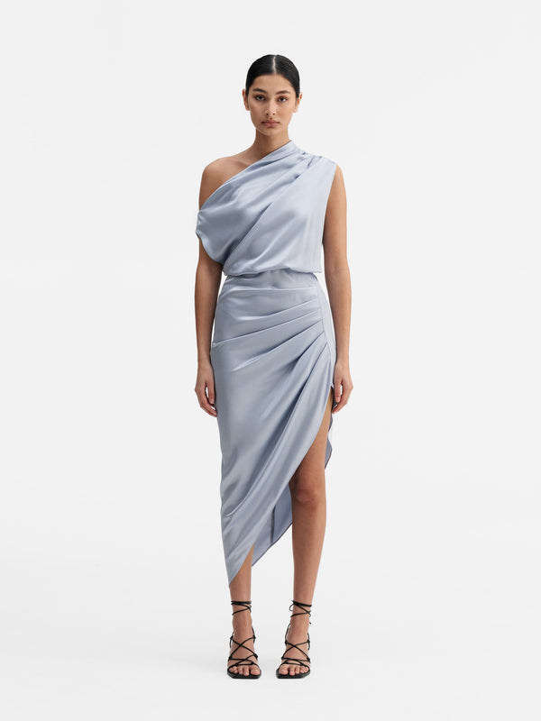 Model wearing Ahlvar Gallery Lana satin dress denim blue