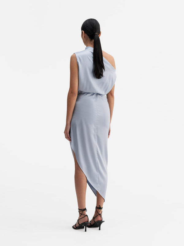 Back view of Ahlvar Gallery Lana satin dress denim blue