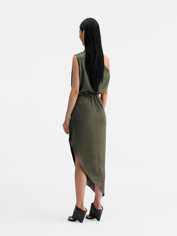 Back view of Ahlvar Gallery Lana satin dress olive green