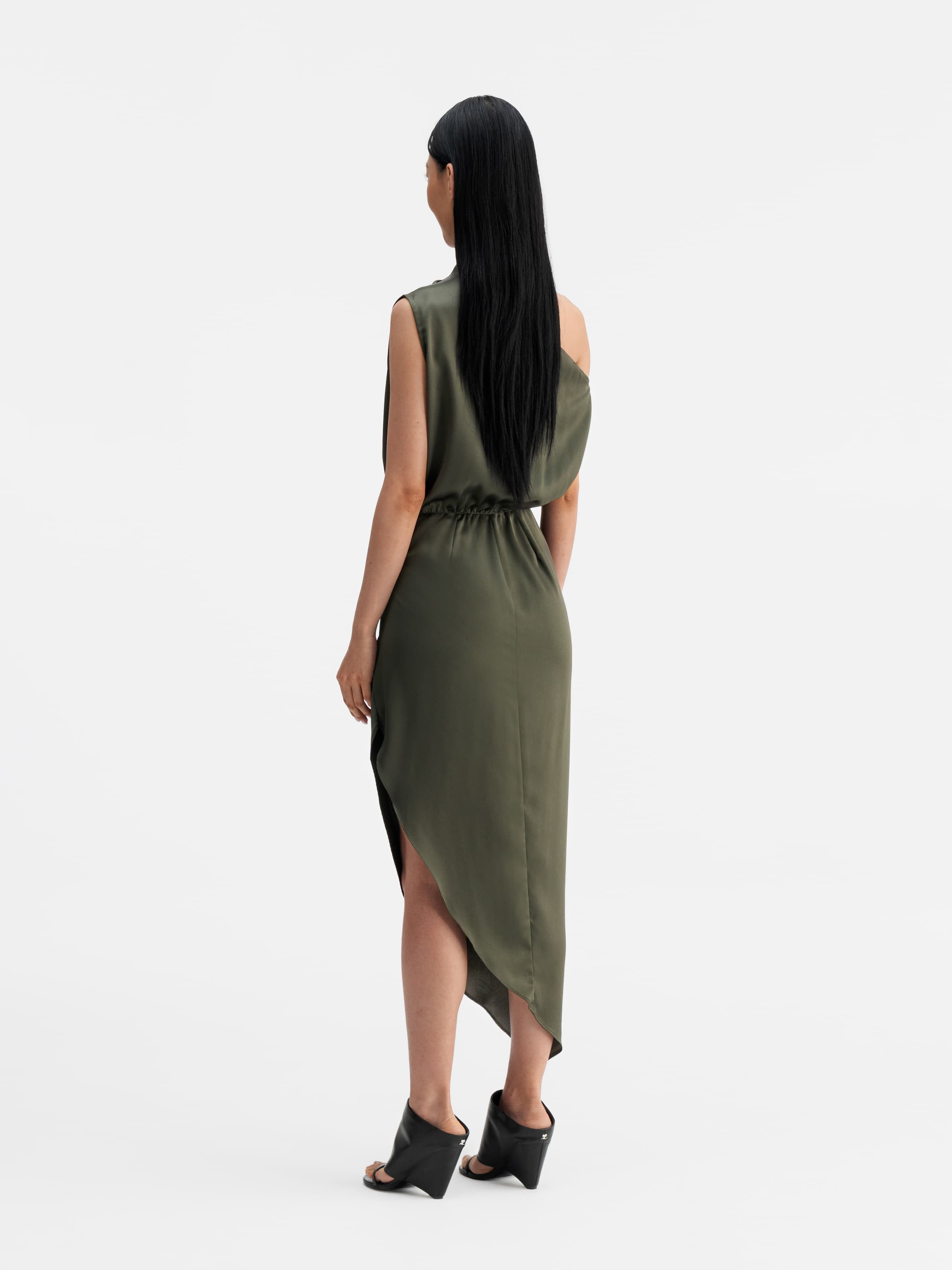 Back view of Ahlvar Gallery Lana satin dress olive green