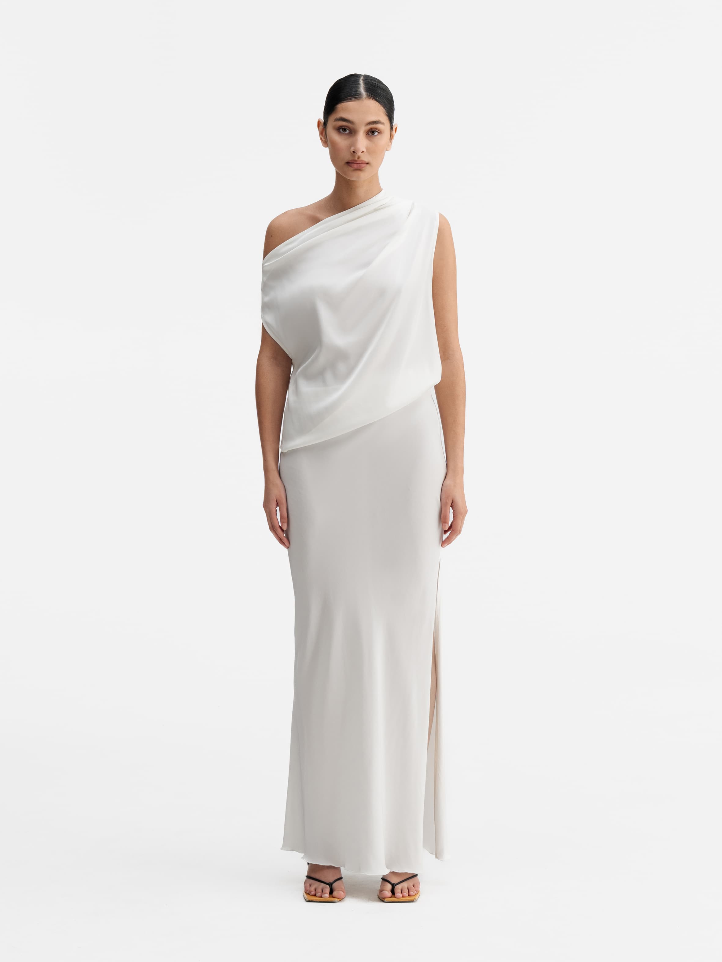 Model wearing Ahlvar Gallery Lana silk tank white