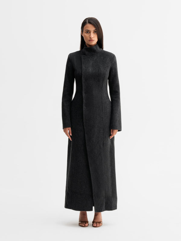 Model wearing Ahlvar Gallery Leia wool coat in Black