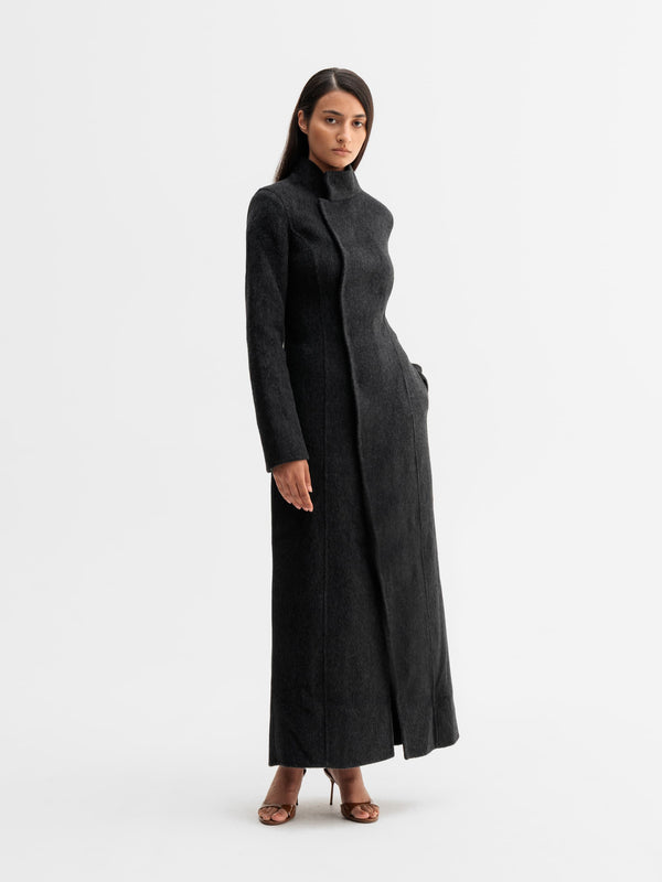 Model wearing Ahlvar Gallery Leia wool coat in Black