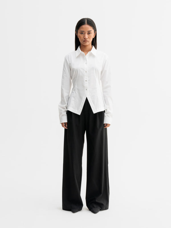 Model wearing Ahlvar Gallery Leia shirt in White
