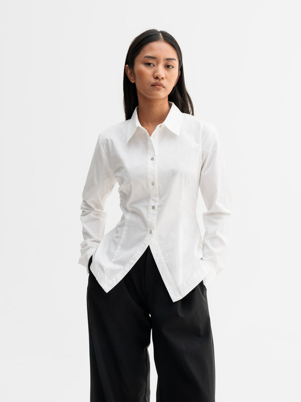 Model wearing Ahlvar Gallery Leia shirt in White