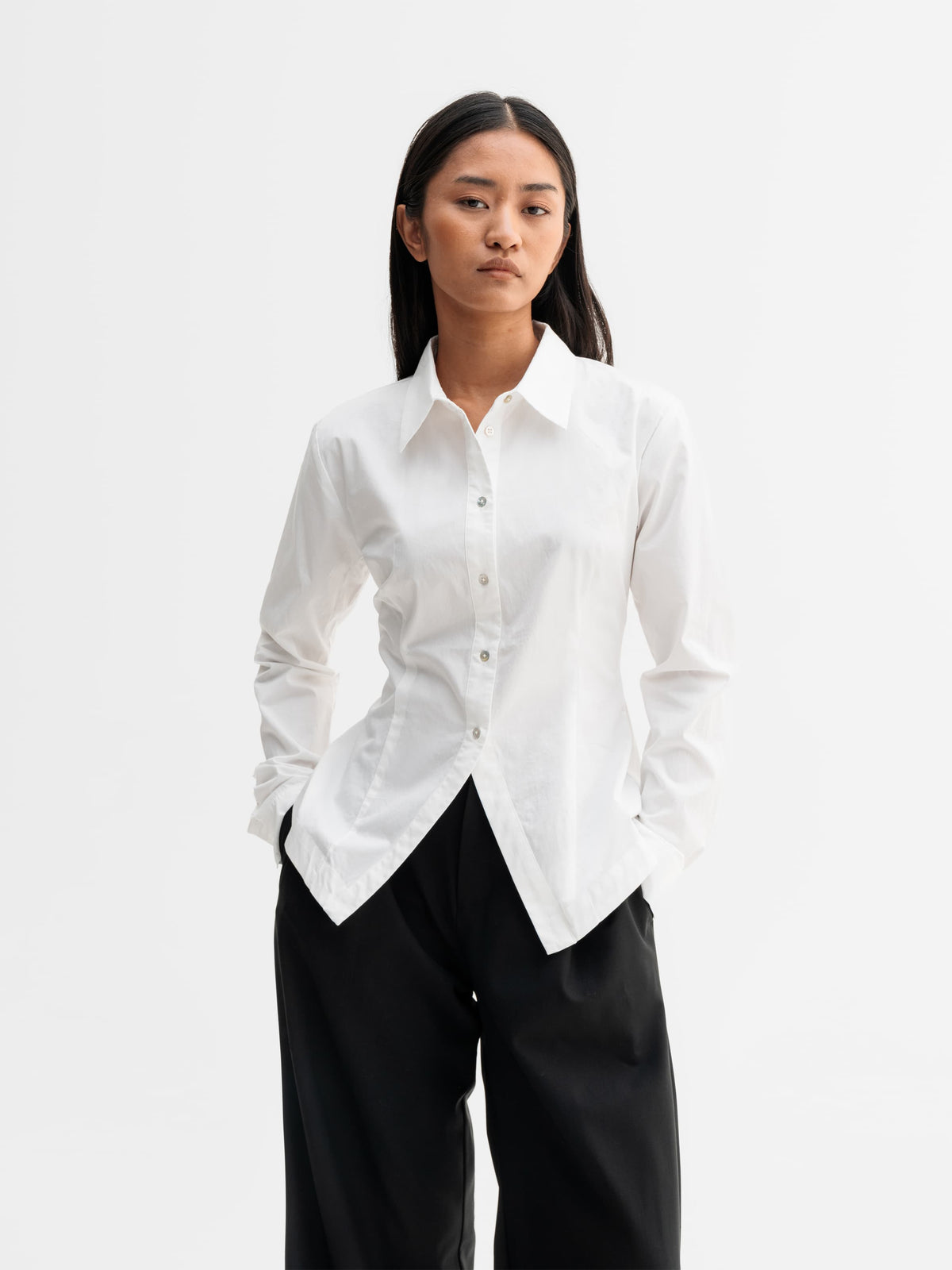 Model wearing Ahlvar Gallery Leia shirt in White