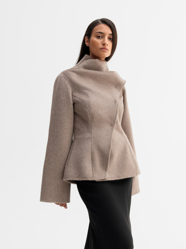 Model wearing Ahlvar Gallery Leni wool blazer in Light brown