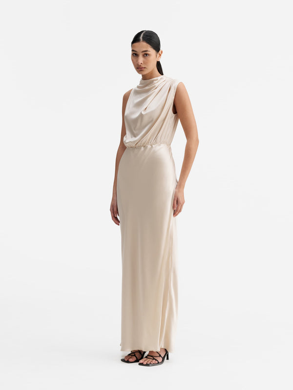 Model wearing Ahlvar Gallery Lima satin dress cream