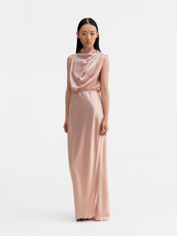 Model wearing Ahlvar Gallery Lima satin dress dusty pink
