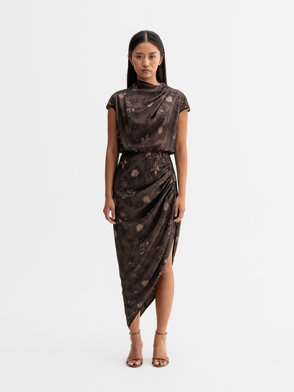 Model wearing Ahlvar Gallery Lima lace dress in Black
