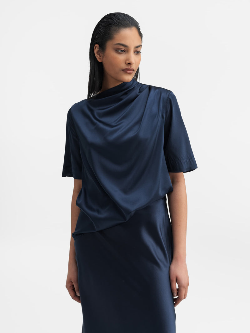 Lima satin silk tee midnight blue