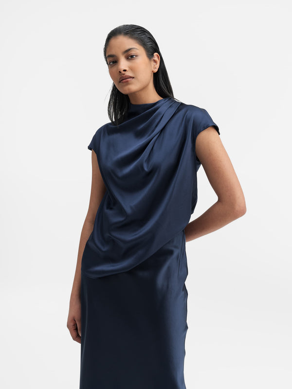 Lima satin silk top midnight blue