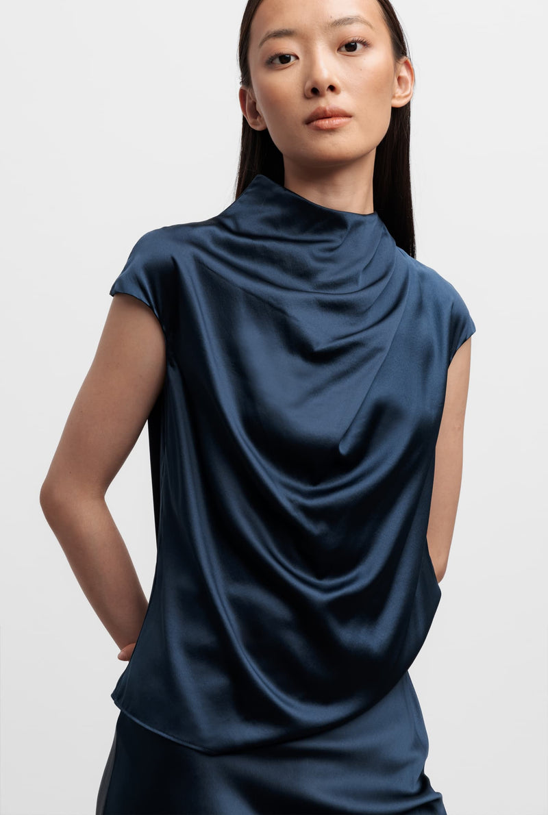 Lima silk satin top midnight blue