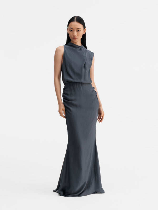 Model wearing Ahlvar Gallery Lima summer dress dark grey