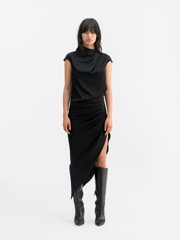 Model wearing Ahlvar Gallery Lima silk top black